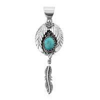 Santa Fe Style Turquoise Feather Pendant in Sterling Silver 3.50 ctw