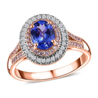Luxoro 10K Rose Gold Premium Tanzanite, I3 Natural Pink and White Diamond Double Halo Ring (Size 8.0) 4.25 Grams 1.65 ctw (Del. in 7-10 Days)