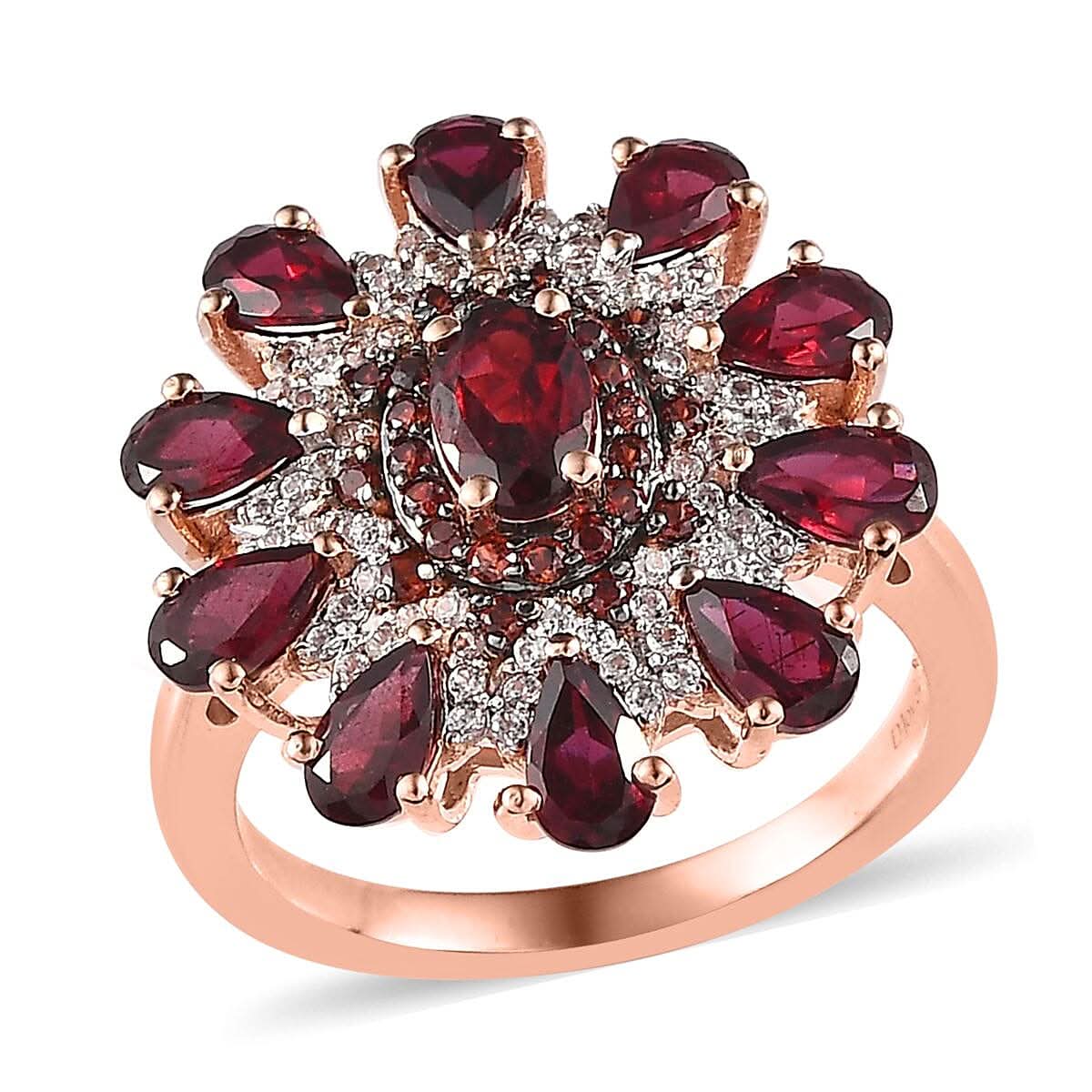Premium Anthill Garnet, White and Coffee Zircon Floral Ring in Vermeil Rose Gold Over Sterling Silver (Size 10.0) 3.50 ctw