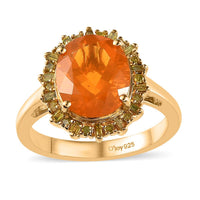 Premium Brazilian Fire Opal, Yellow Diamond (IR) (0.30 cts) Halo Ring in Vermeil YG Over Sterling Silver (Size 10.0) 2.70 ctw