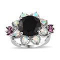 Black Tourmaline and Multi Gemstone Floral Ring in Platinum Over Sterling Silver 7.75 ctw - Sticky add to cart bar