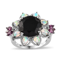 Black Tourmaline and Multi Gemstone Floral Ring in Platinum Over Sterling Silver 7.75 ctw