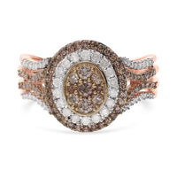 Natural Champagne and White Diamond Double Halo Ring in Vermeil RG Over Sterling Silver (Size 10.0) 1.00 ctw