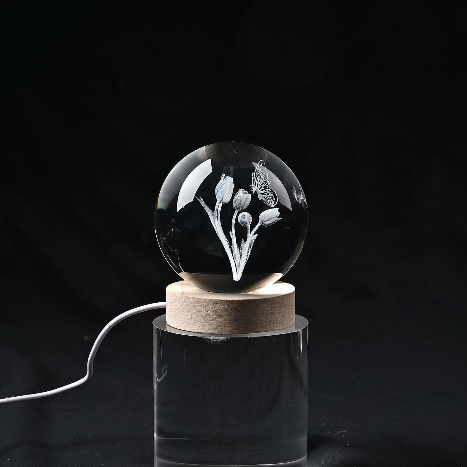 Crystal Glass Ball with LED RGB Wood Display Base (Ball 3.5 Inches & Wood Dia 2.5 Inches)