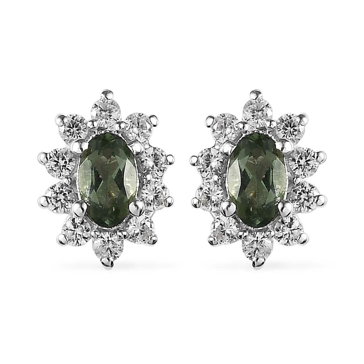 Tanzanian Natural Green Apatite and White Zircon Halo Stud Earrings in Platinum Over Sterling Silver 0.85 ctw