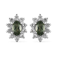 Tanzanian Natural Green Apatite and White Zircon Halo Stud Earrings in Platinum Over Sterling Silver 0.85 ctw