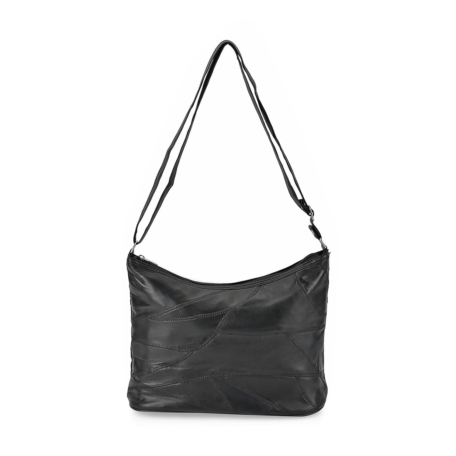 Black Color Patch Work Sheep Leather Crossbody Bag (12"x9.5"x4'') with Adjustable Shoulder Strap