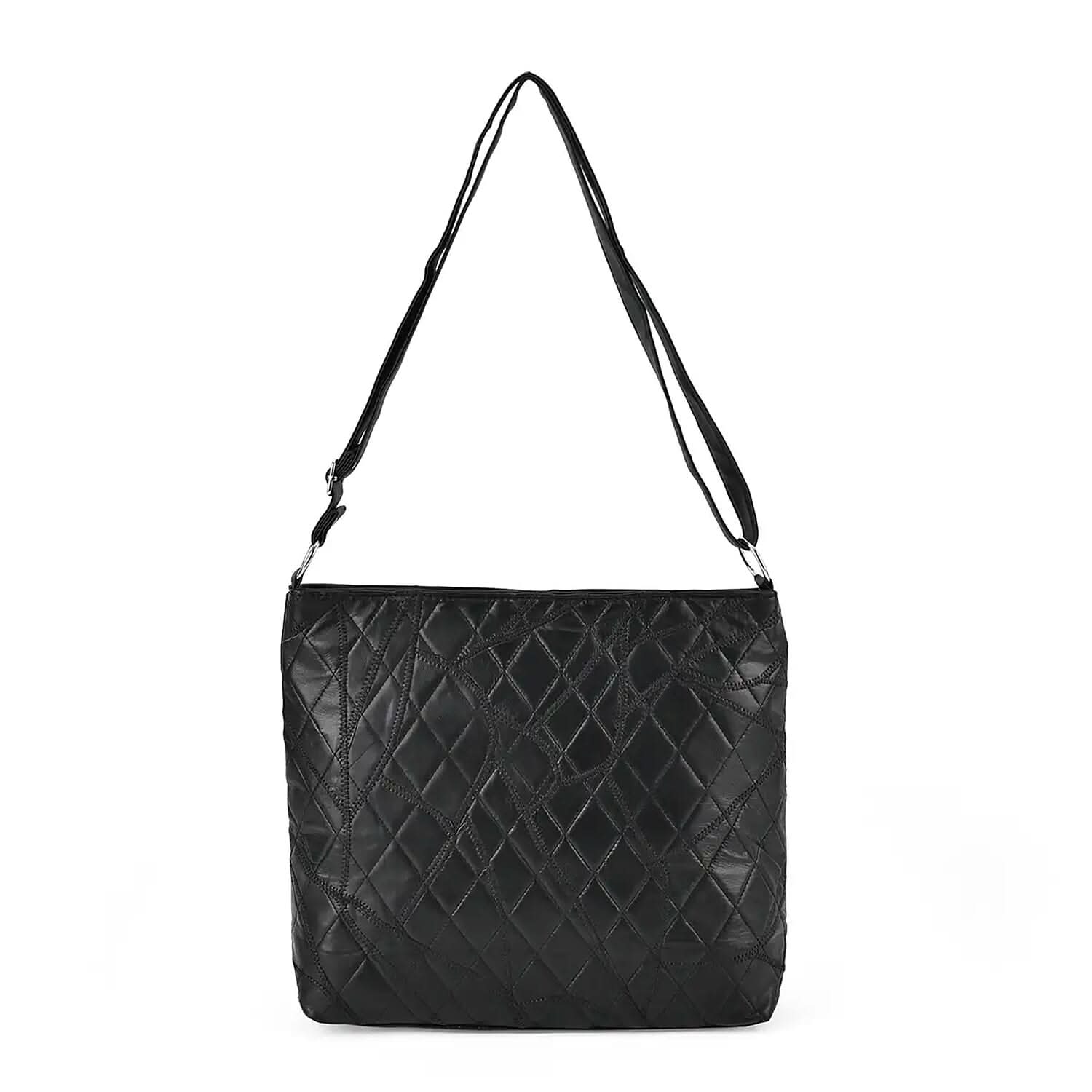 Black Color Patch Work Sheep Leather Crossbody Bag (14.5"x12.5"x3.4") with Adjustable Shoulder Strap