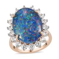 LUXORO 10K Rose Gold AAA Australian Boulder Opal and Natural White Zircon Sunburst Ring (Size 6.0) 3.20 Grams 9.20 ctw