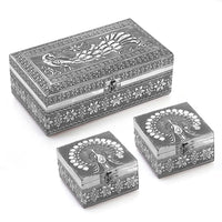 Handcrafted Set of 3 3D Embossed Peacock Aluminium Oxidized Storage Boxes (5"x5"x3", 3.6"x3.6"x2.5", 2.5"x2.5"x2")