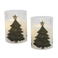 Lumabase Christmas-Battery Operated LED Glass Candles with Moving Flame, Holiday Tree â€“ Set of 2 (3"x3"x4")