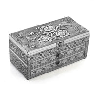 Handcrafted 3D Flower Embossed Oxidized Aluminium 3 Tier Storage Box with Drawer (10"x5"x4")