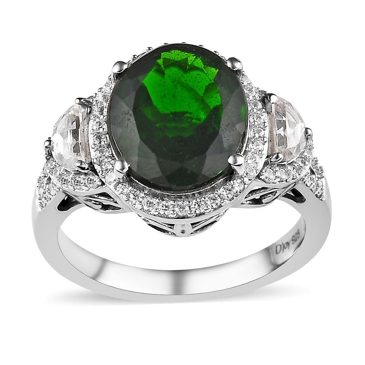 Chrome Diopside, White Zircon Ring in Platinum Over Sterling Silver (Size 10.0) 5.85 ctw