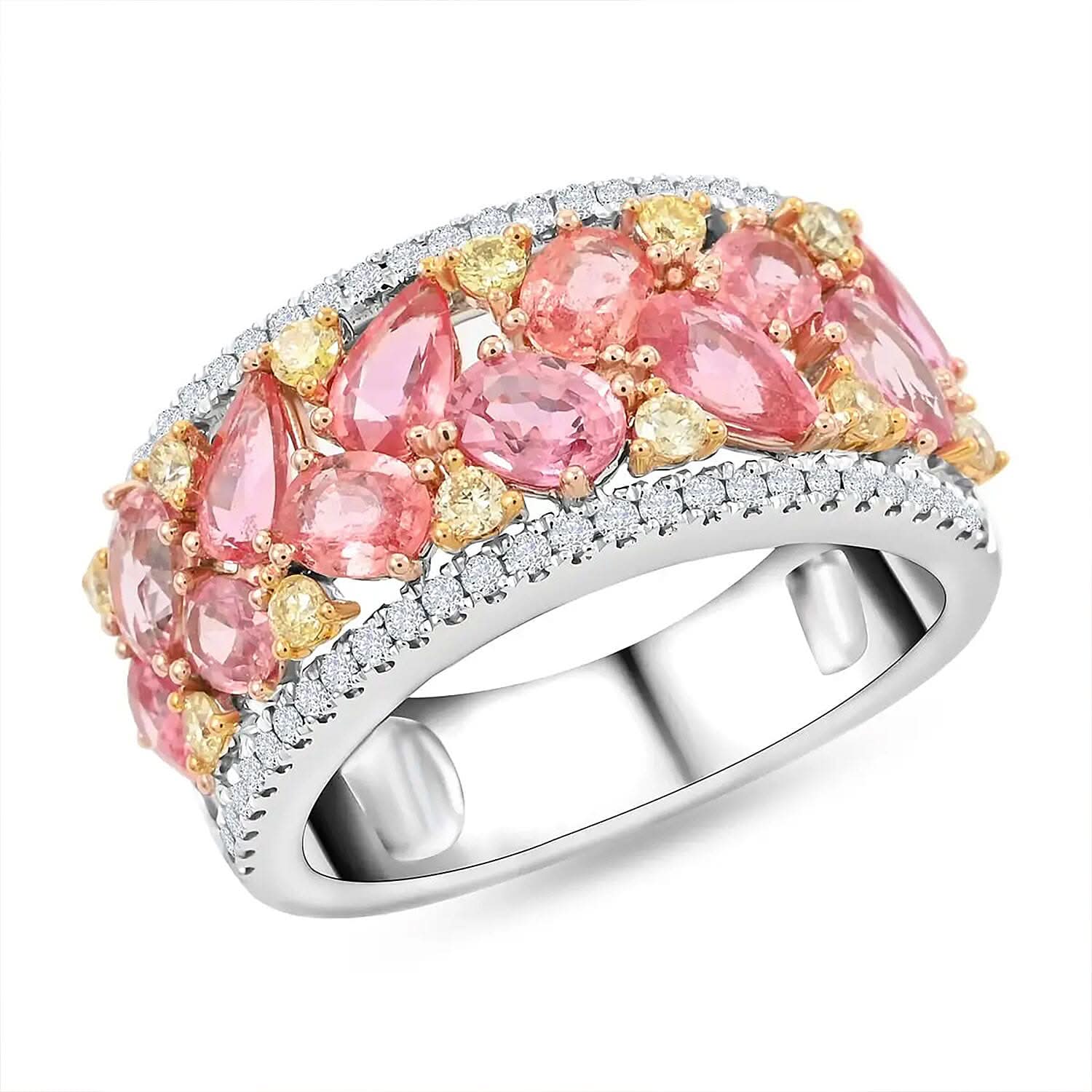 Modani 14K Yellow and White Gold Padparadscha Sapphire, I2-I3 Natural White and Yellow Diamond Ring (Size 10.0) 5.35 Grams 3.15 ctw