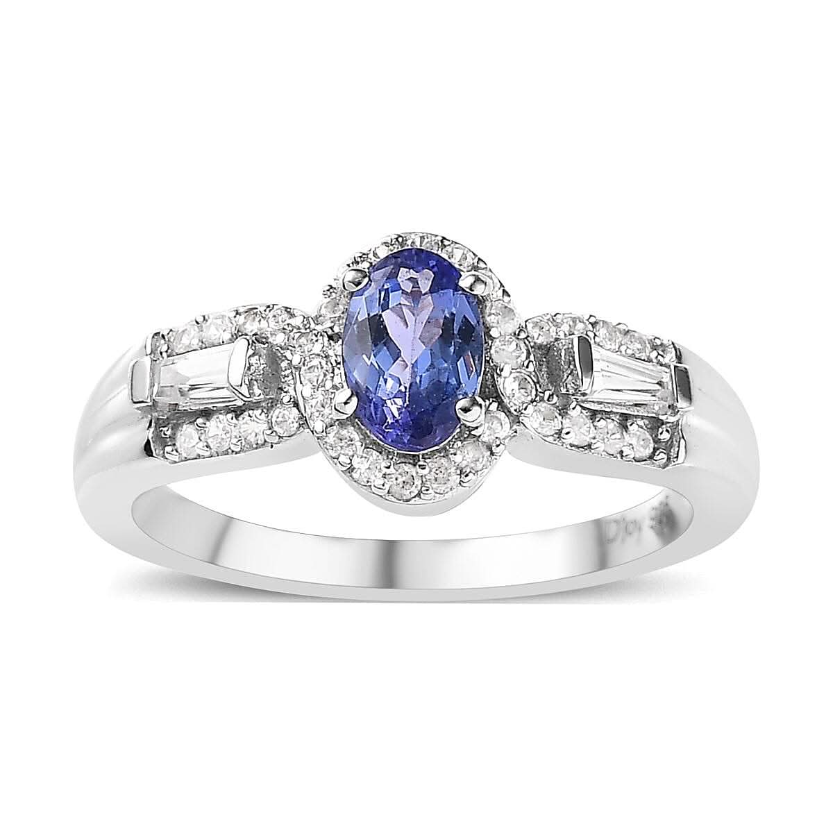 AAA Tanzanite, White Zircon Halo Ring in Platinum Over Sterling Silver (Size 10.0) 0.90 ctw