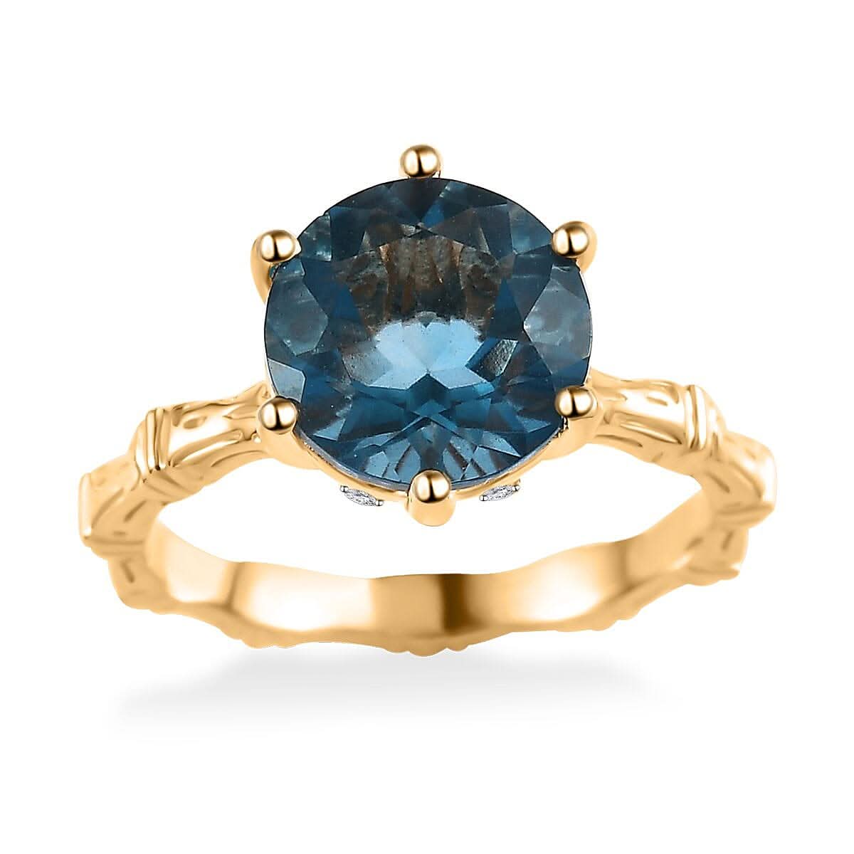 Teal Fluorite (IR) and White Zircon Bamboo Shank Ring in Vermeil Yellow Gold Over Sterling Silver (Size 10.0) 4.25 ctw