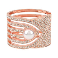 Simulated Pearl and White Austrian Crystal Bangle Bracelet in Goldtone (6.25 In)