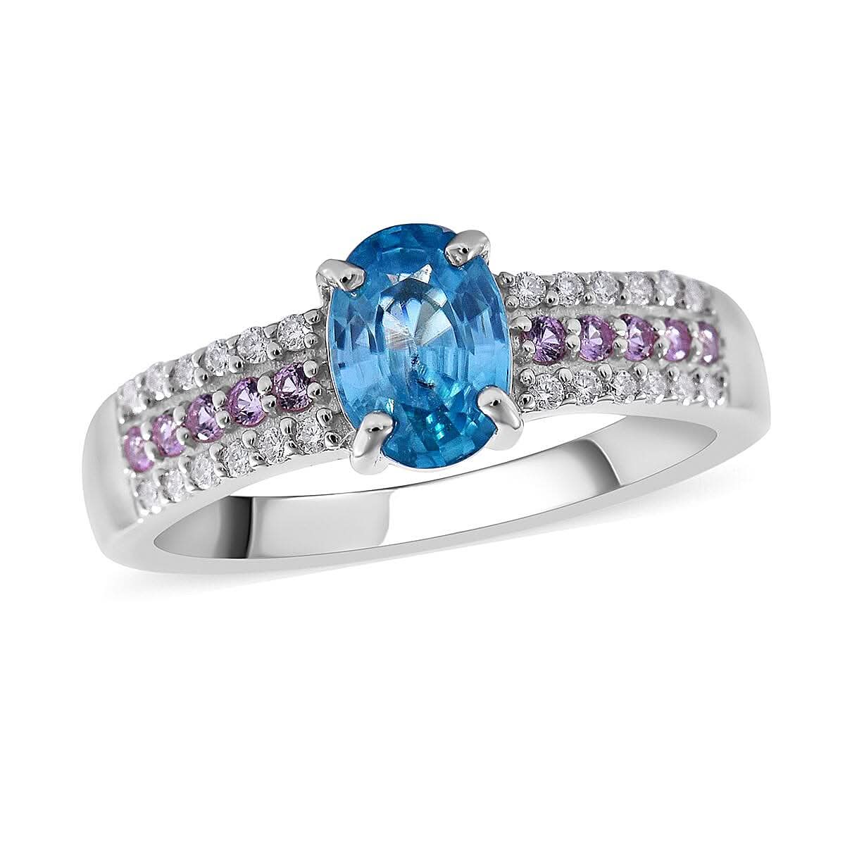 Cambodian Blue Zircon, Multi Gemstone Ring in Platinum Over Sterling Silver (Size 6.0) 1.50 ctw