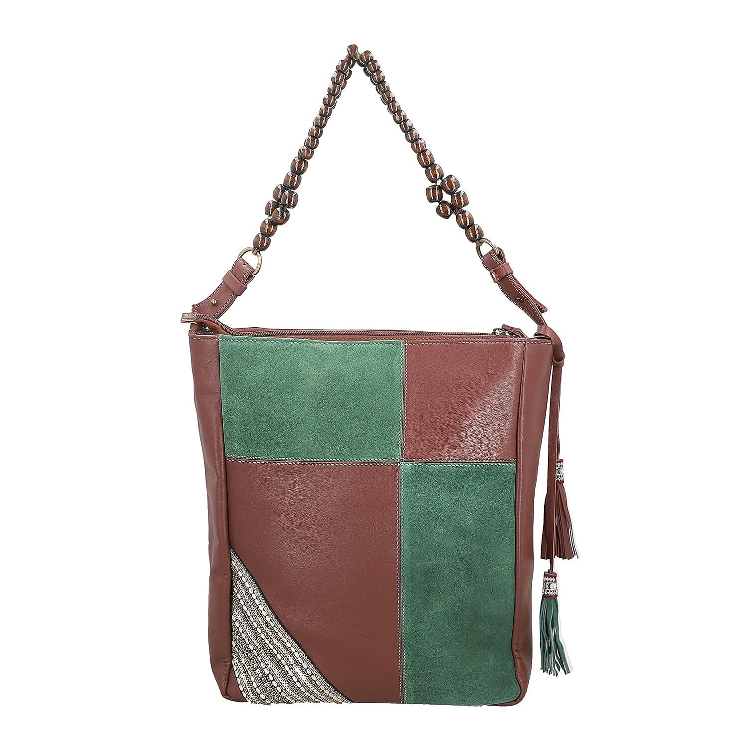 "100% Genuine leather embellishment tote bag SIZE: 11.42(L)x3.94(W)x14.56(H) inches COLOR: Brown/Green"