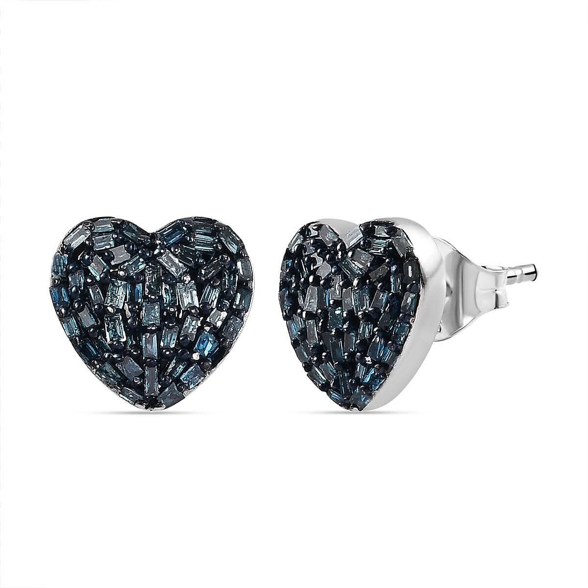 Blue Diamond (IR) Heart Stud Earrings in Platinum Over Sterling Silver 0.50 ctw