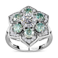White and Blue Moissanite Floral Ring in Platinum Over Sterling Silver (Size 10.0) 2.75 ctw - Sticky add to cart bar