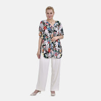 Tamsy Blue Paisley Floral Vneck Top with Kimono Style Arm - One Size Fits Most