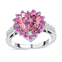 Pink and White Moissanite (Hrt 8mm), Madagascar Pink Sapphire Heart Ring in Platinum Over Sterling Silver (Size 10.0) 2.70 ctw