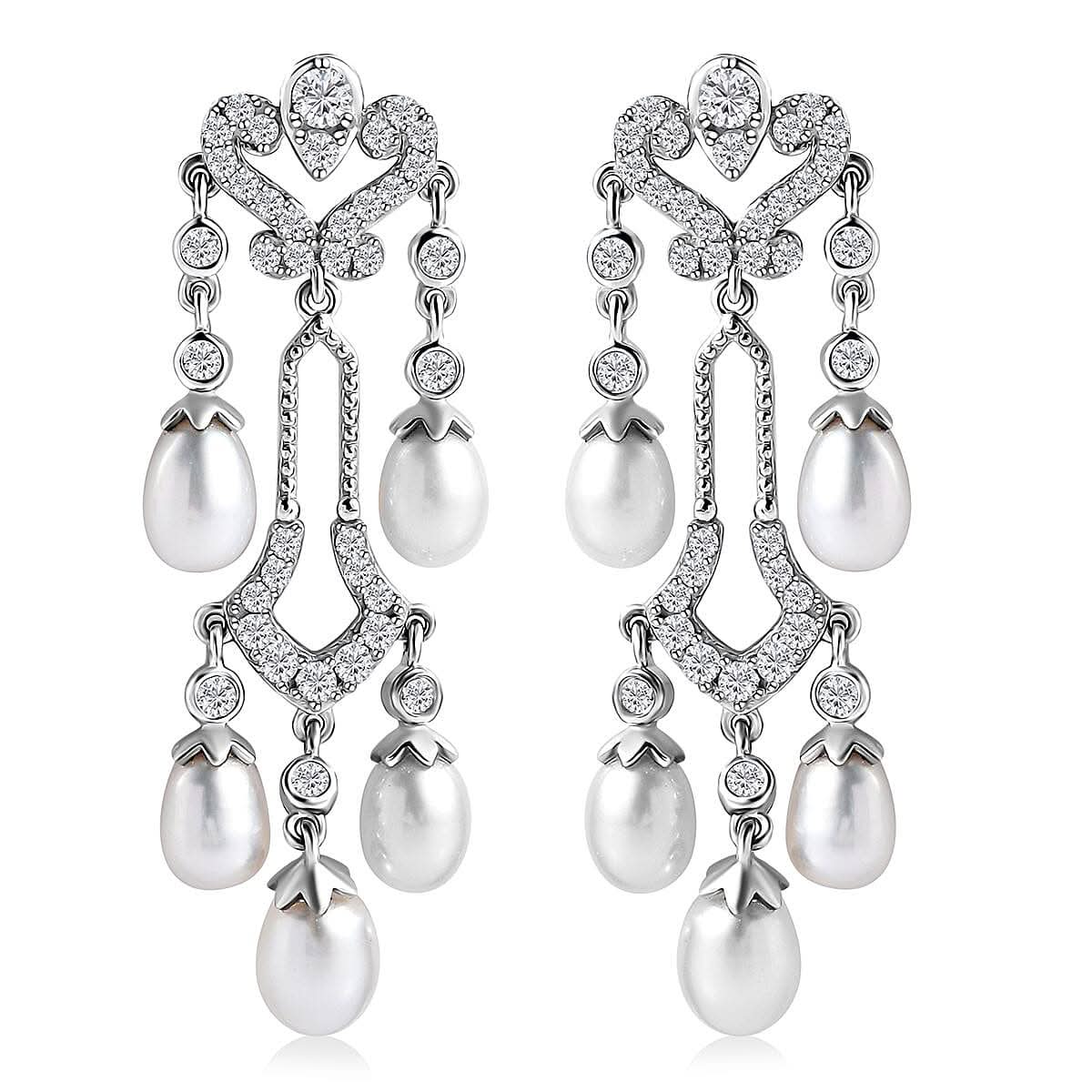 White Freshwater Pearl, Moissanite Earrings in Rhodium Over Sterling Silver 2.00 ctw