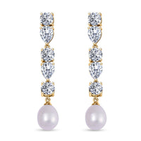 White Freshwater Cultured Pearl, Simulated Diamond Earrings in Yellow Rhodium Over Sterling Silver 3.10 ctw