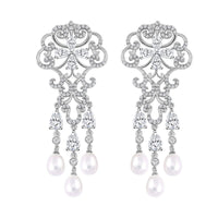 White Freshwater Cultured Pearl, Simulated Diamond Earrings in Rhodium Over Sterling Silver 1.00 ctw