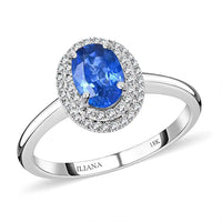Certified and Appraised ILIANA 18K White Gold AAA Royal Ceylon Sapphire and G-H SI Diamond Double Halo Ring 3.40 Grams 1.25 ctw