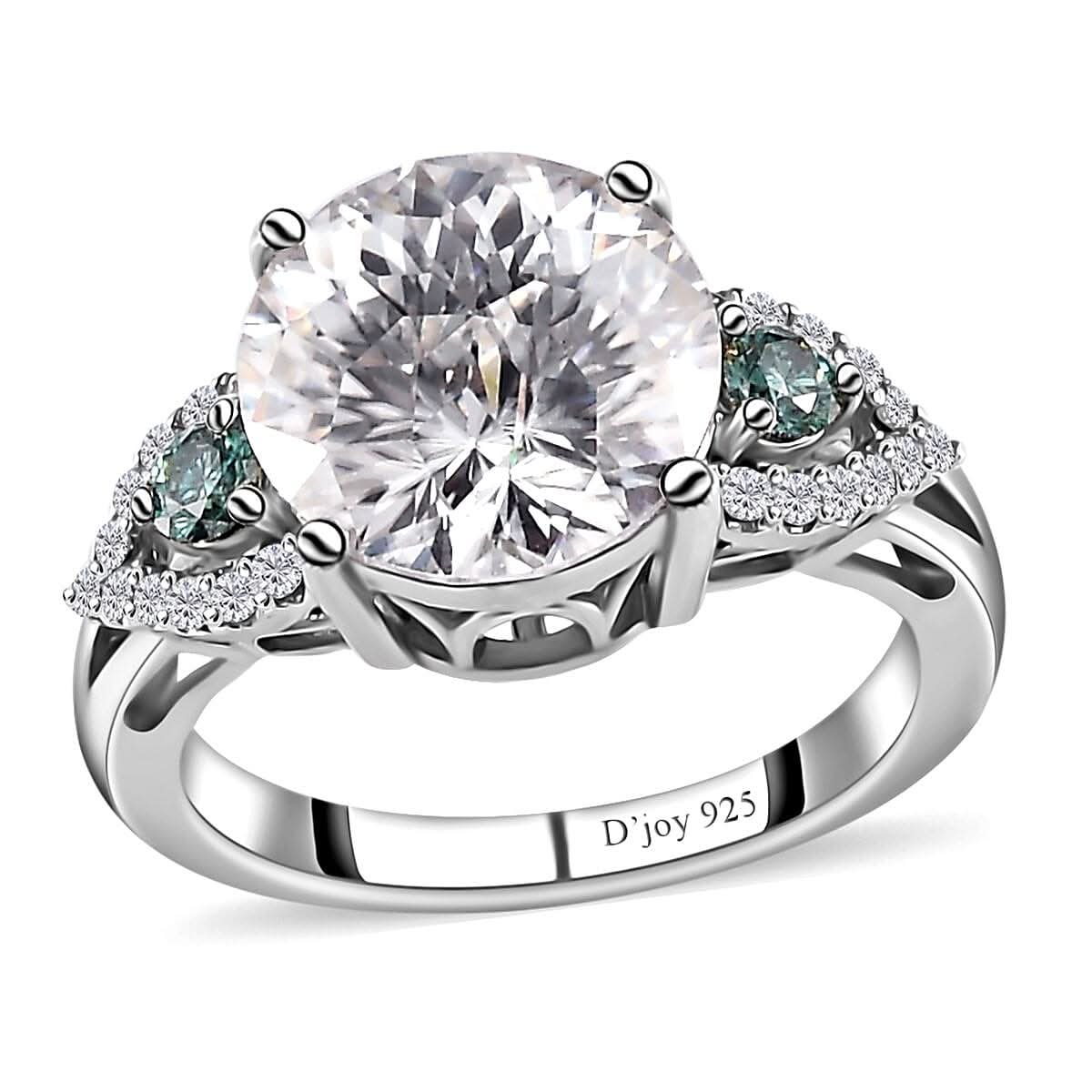Emperor Cut Moissanite (Rnd 10mm), Blue Moissanite Ring in Platinum Over Sterling Silver (Size 6.0) 3.85 ctw