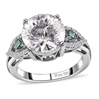 Emperor Cut Moissanite (Rnd 10mm), Blue Moissanite Ring in Platinum Over Sterling Silver (Size 6.0) 3.85 ctw