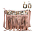 Black Genuine Leather Leopard Print RFID Messenger Sling Bag (12"x1.5"x11") with Fringes and Leather Earrings - Sticky add to cart bar