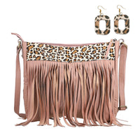 Black Genuine Leather Leopard Print RFID Messenger Sling Bag (12"x1.5"x11") with Fringes and Leather Earrings