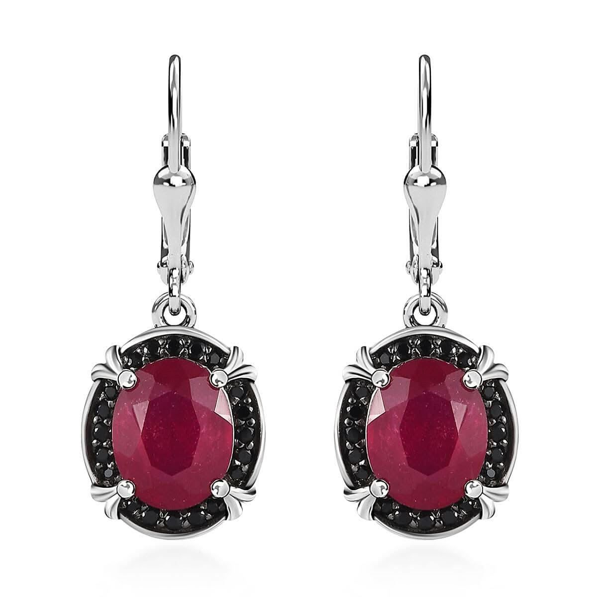 Niassa Ruby (FF) and Thai Black Spinel Lever Back Earrings in Platinum Over Sterling Silver 8.35 ctw