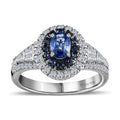 TLV Ceylon Blue Sapphire, Moissanite Halo Ring in Platinum Over Sterling Silver (Size 7.0) 1.60 ctw - Sticky add to cart bar