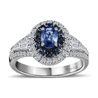 TLV Ceylon Blue Sapphire, Moissanite Halo Ring in Platinum Over Sterling Silver (Size 7.0) 1.60 ctw