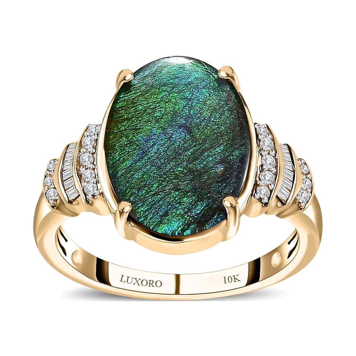 Luxoro 10K Yellow Gold Canadian Ammolite, Diamond (G-H, I2) (0.20 cts) Ring (Size 10.0) 3.60 ctw