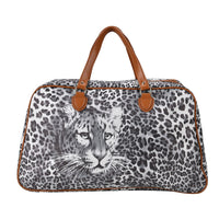 Brown Leopard Head Print Faux Leather Travel Bag with Handle Drops