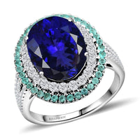 Certified & Appraised Rhapsody 950 Platinum AAAA Tanzanite, Brazilian Paraiba Tourmaline and E-F VS Diamond Ring 11.50 Grams 9.85 ctw