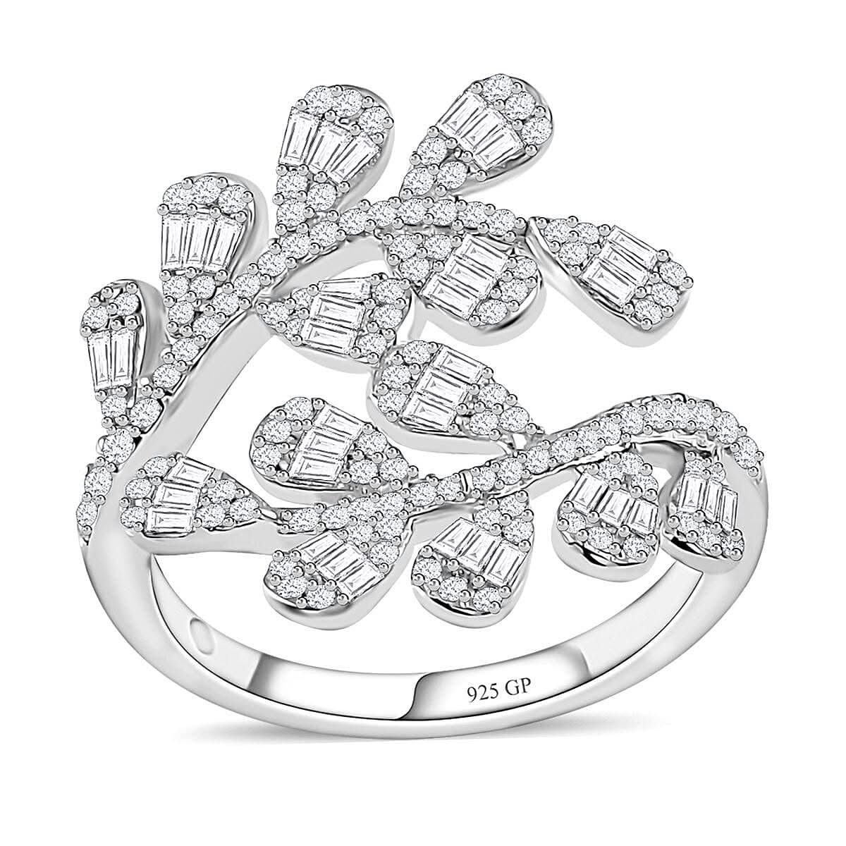 GP Diamond Bypass Ring in Platinum Over Sterling Silver (Size 10.0) 1.00 ctw