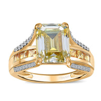 Yellow Moissanite (Oct 10x8mm), Multi Gemstone Bridge Ring in Vermeil YG Over Sterling Silver (Size 10.0) 5.10 ctw