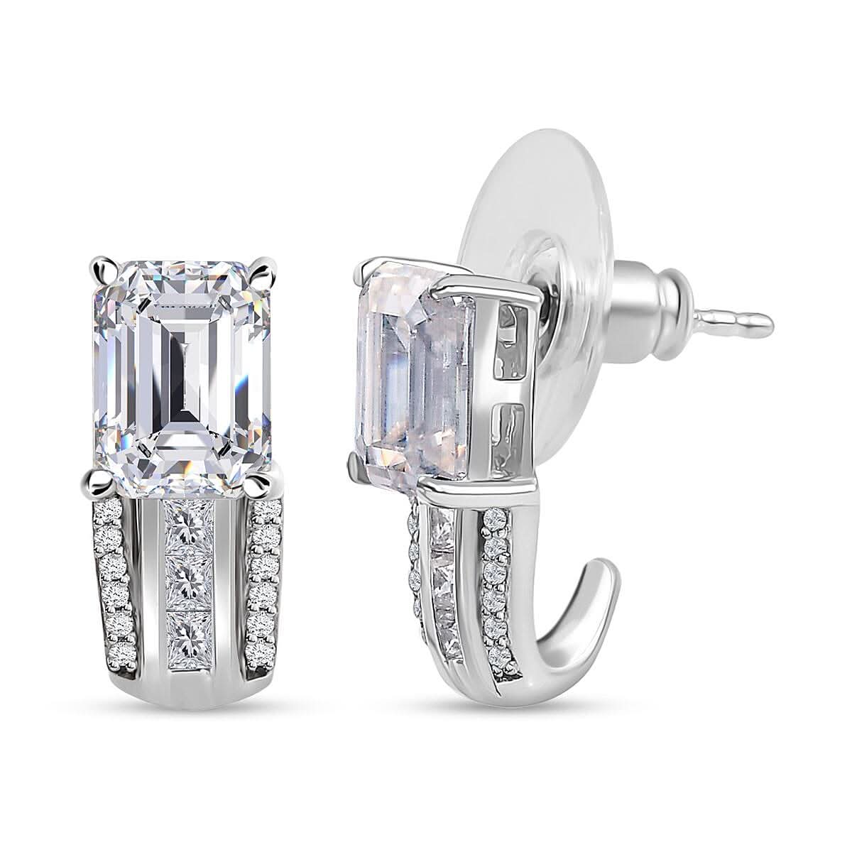 TLV Moissanite (Oct 8x6mm) Bridge J- Hoop Earrings in Platinum Over Sterling Silver 3.65 ctw