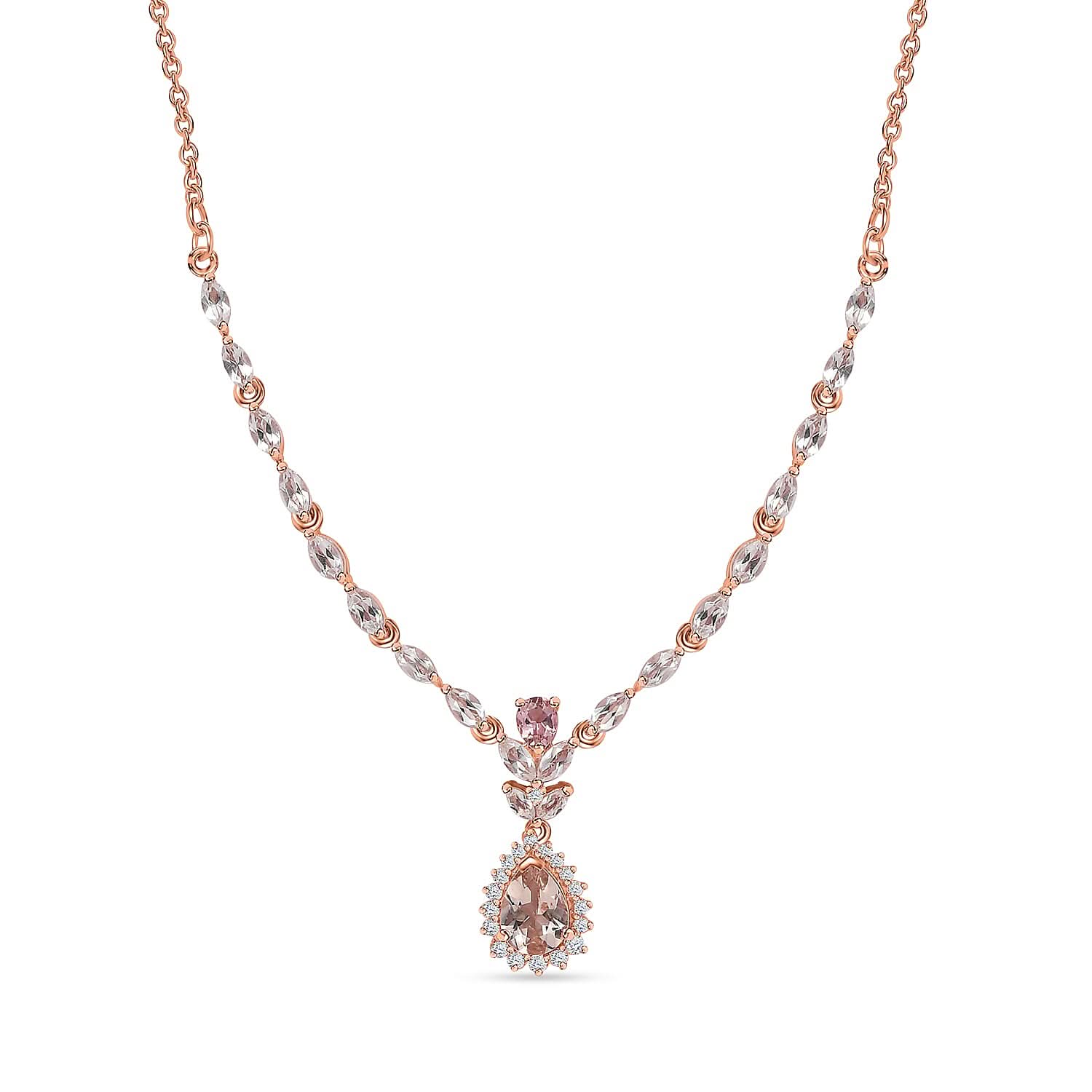 Premium Marropino Morganite and Multi Gemstone Drop Necklace 18-20 Inches in Vermeil Rose Gold Over Sterling Silver 3.00 ctw