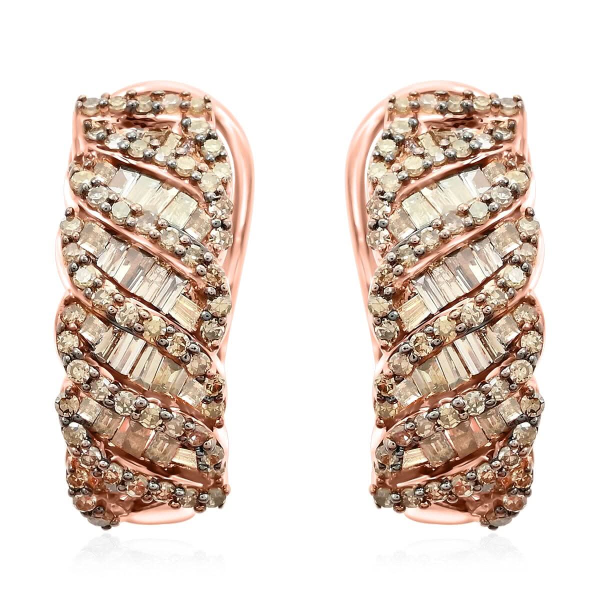Natural Champagne Diamond Omega Clip Earrings in Vermeil Rose Gold Over Sterling Silver 1.00 ctw