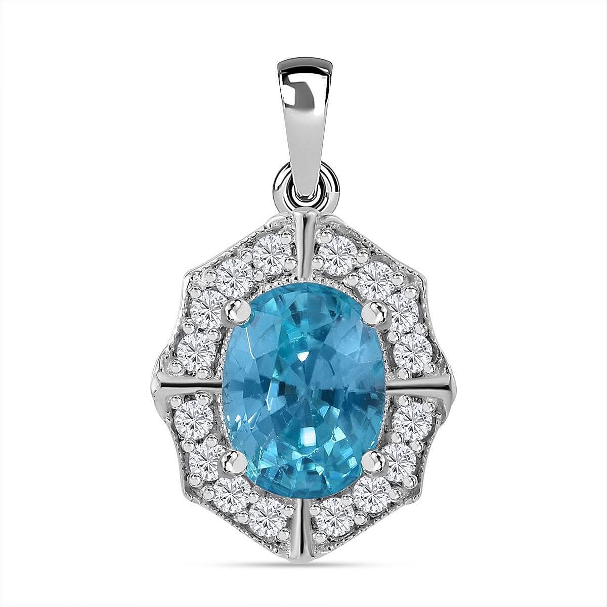Blue Zircon and White Zircon 2.40 ctw Pendant in Rhodium Over Sterling Silver