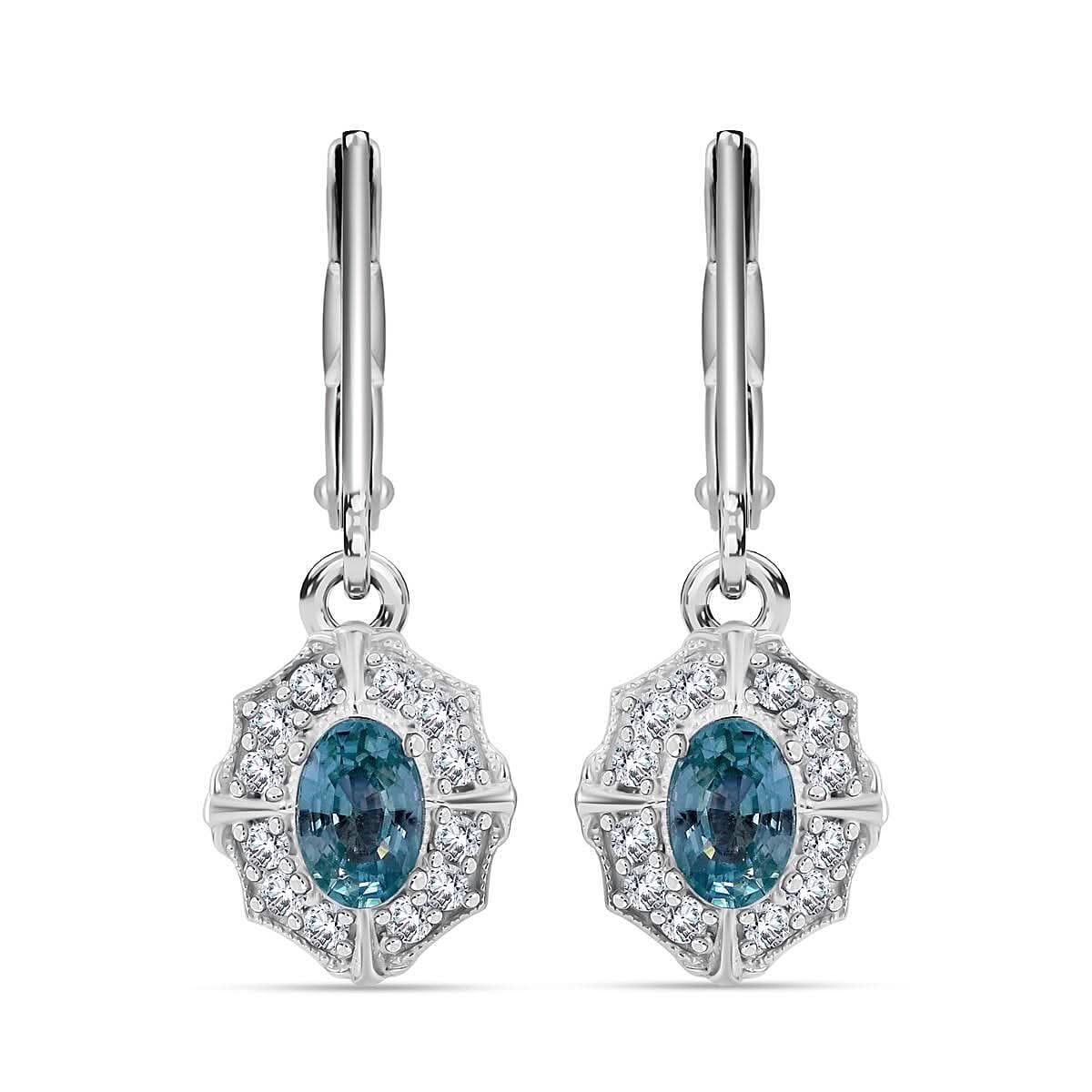 Blue Zircon and White Zircon 2.00 ctw Earrings in Rhodium Over Sterling Silver