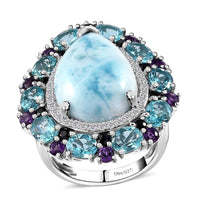 Premium Larimar, Multi Gemstone Cocktail Ring in Platinum Over Sterling Silver (Size 10.0) 17.50 ctw