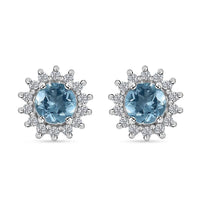 Premium Mangoro Aquamarine and White Zircon 1.15 ctw Sunburst Halo Earrings in Platinum Over Sterling Silver